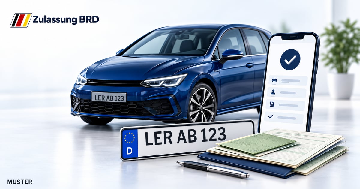 Online Fahrzeugzulassung in Moormerland: Musterkennzeichen LER AB 123, Auto und Fahrzeugpapiere und Smartphone. Illustration mit Logo von Zulassung BRD.